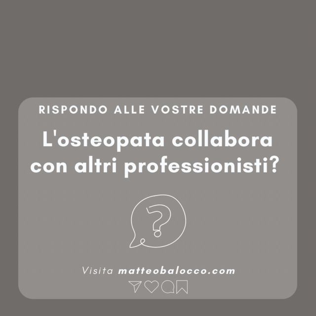 Rispondo alle vostre domande! A quelle più consuete e a quelle più scottanti 😉

Iniziamo dalla semplice e comunissima: l’osteopata collabora con altri professionisti❓

Certamente!
Gli osteopati collaborano con medici specialisti e con professionisti che si occupano del benessere e della cura della persona.

Talvolta sono i medici di base, i pediatri e gli odontoiatri a consigliare una visita osteopatica. Altre volte è l’osteopata che indirizza i propri pazienti verso altri professionisti per effettuare accertamenti, indagini diagnostiche o percorsi riabilitativi.
L’osteopata è inoltre parte dello staff di molti ospedali.

Per gli approfondimenti visita il mio sito matteobalocco.com 🎓

E non dimenticare di salvare questo post, lasciare like, condividere, commentare ❤️

#osteopatia #osteopata #collaborazione #collaborazioni #professionistidellasalute #manipolazioniosteopatiche #faq #domande #risposte #matteobalocco